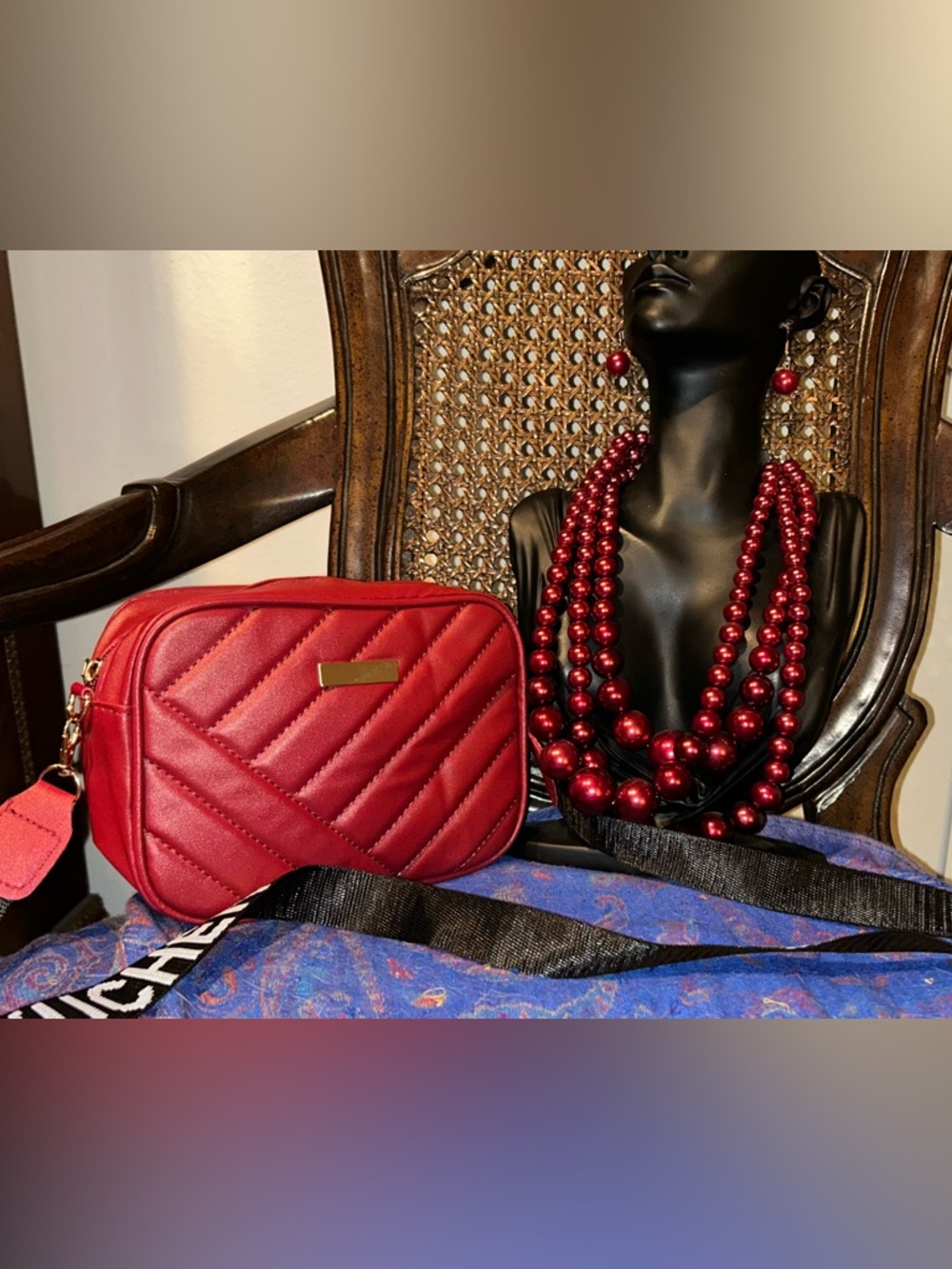 Red beaded necklace and earrings set plus crossbody bag set